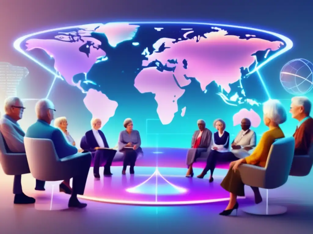 Conexión global de jubilados intercambiando conocimientos Participantes de jubilación global en plataforma holográfica, intercambiando conocimientos y experiencias