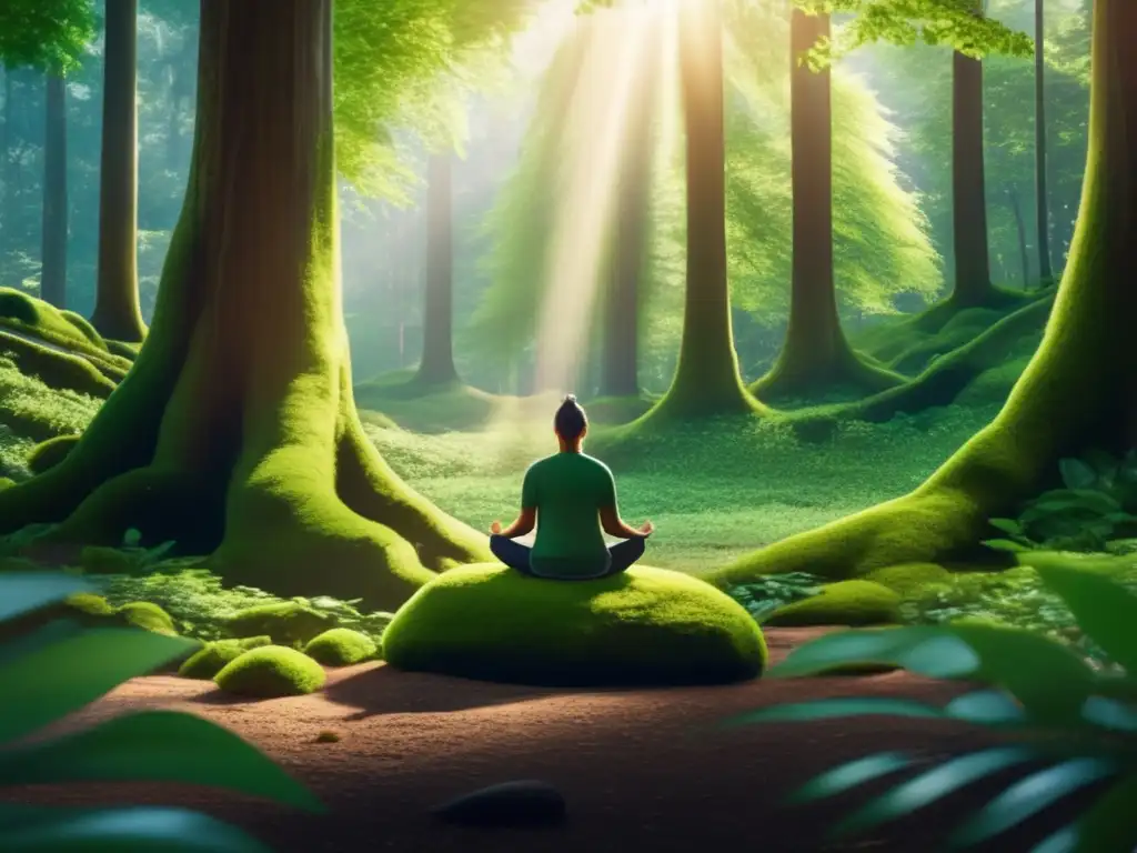 Meditación en el bosque Persona meditando en un bosque tranquilo - Prácticas espirituales para la jubilación