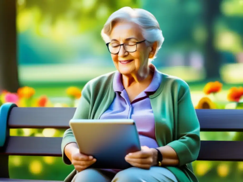 Sabiduría y conexión en la tercera edad Persona mayor en banco del parque usando plataforma para compartir sabiduría