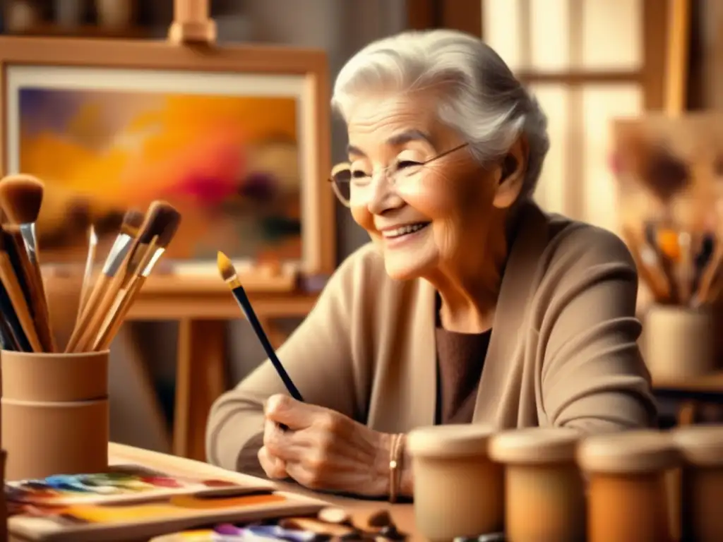 Personaje mayor en estudio de arte, rodeado de colores y pinceles Persona mayor en estudio de arte, rodeada de pinceles y pinturas, disfrutando de la jubilación y la creatividad