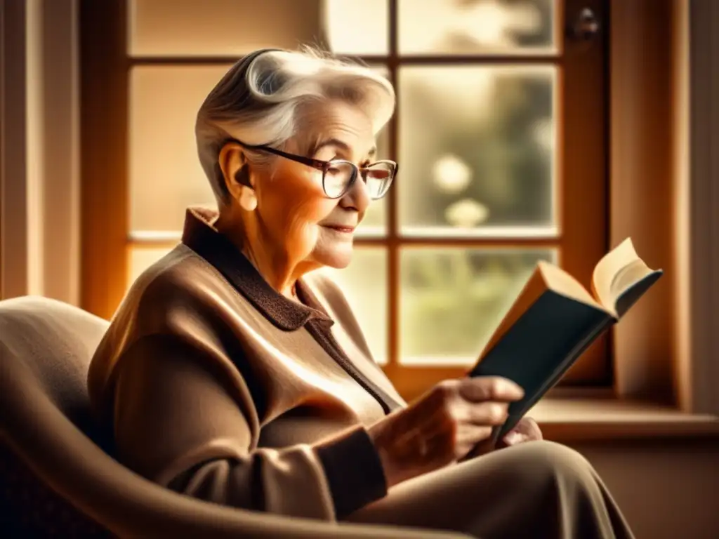 Sabiduría y tranquilidad: una persona mayor leyendo con lupa Persona mayor leyendo con lupa, filtro sepia