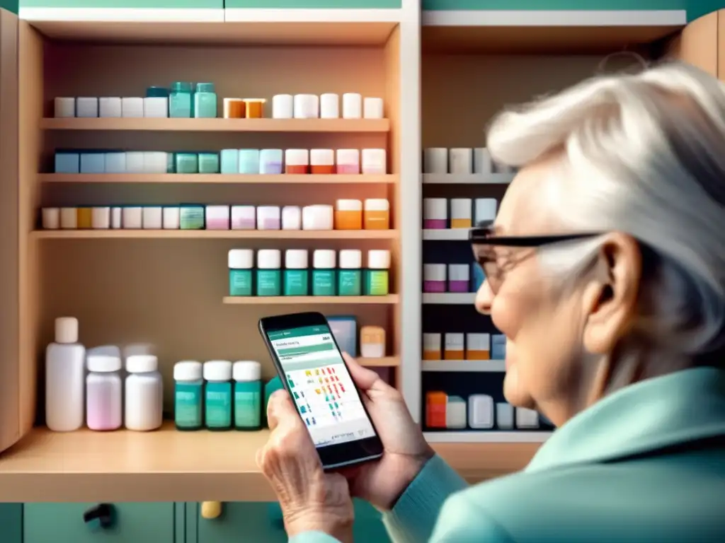 Persona mayor organizando medicamentos con una app Persona mayor organizada con app de gestión medicamentos