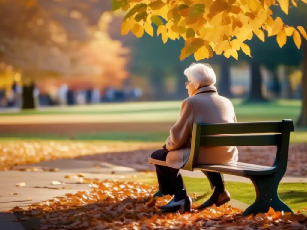 Persona mayor disfrutando la belleza del otoño en un banco del parque Persona mayor disfrutando el otoño rodeado de naturaleza - Discriminación por edad en cuidado a largo plazo