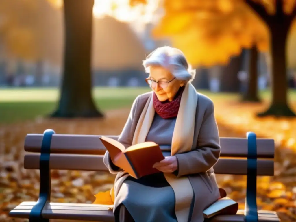Persona mayor disfrutando lectura en el parque Persona mayor leyendo en el parque rodeada de hojas de otoño - Estrategias prevención Alzheimer jubilados