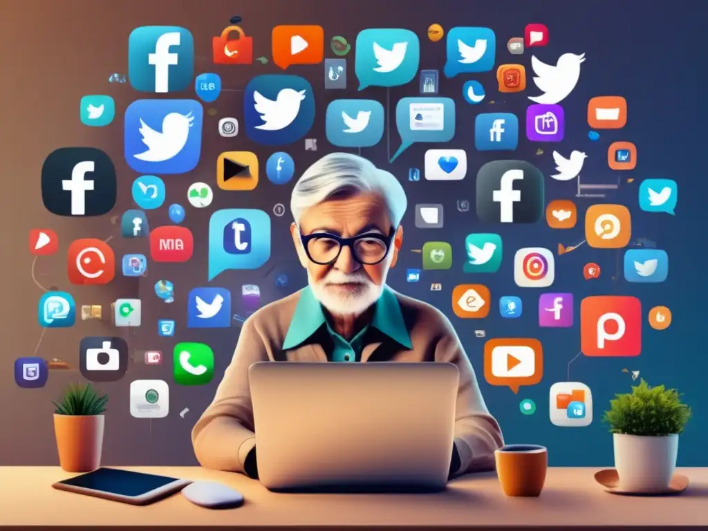 Persona mayor inmersa en redes sociales Persona mayor usando redes sociales y planificación de jubilación