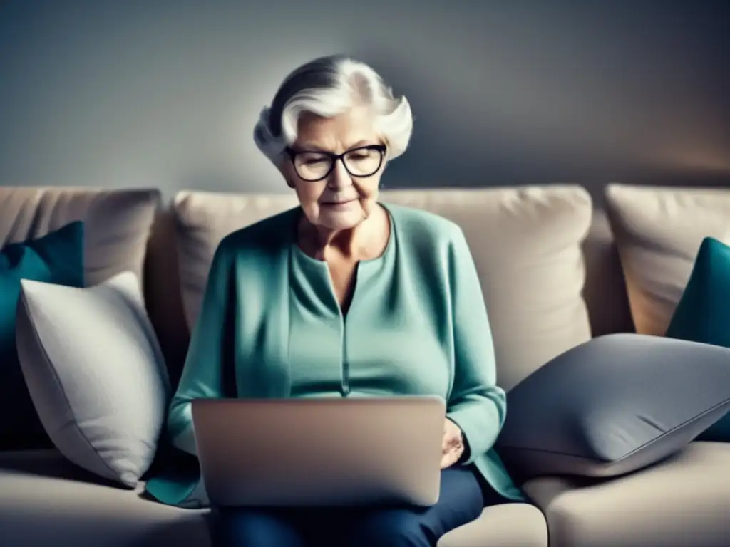 Sabiduría y tecnología en casa Persona mayor en sofá rodeada de tecnología, promoviendo emprendimiento después de los 60 años