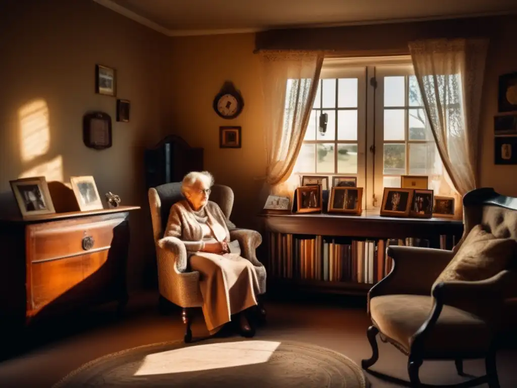 Vida en soledad y reflexión Persona mayor en sala nostálgica, reflexionando sobre discriminación por edad en cuidado a largo plazo
