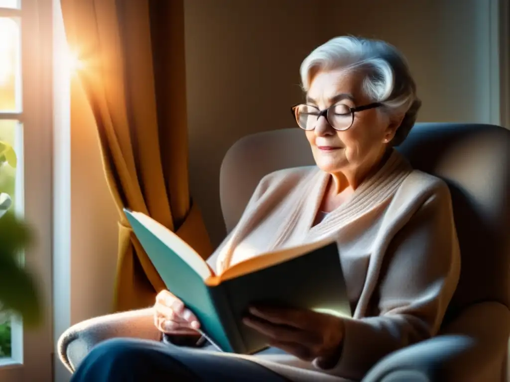 Persona mayor leyendo en una silla junto a la ventana Persona mayor en silla leyendo libro en ambiente tranquilo con luz cálida - Cuidados visuales en la jubilación