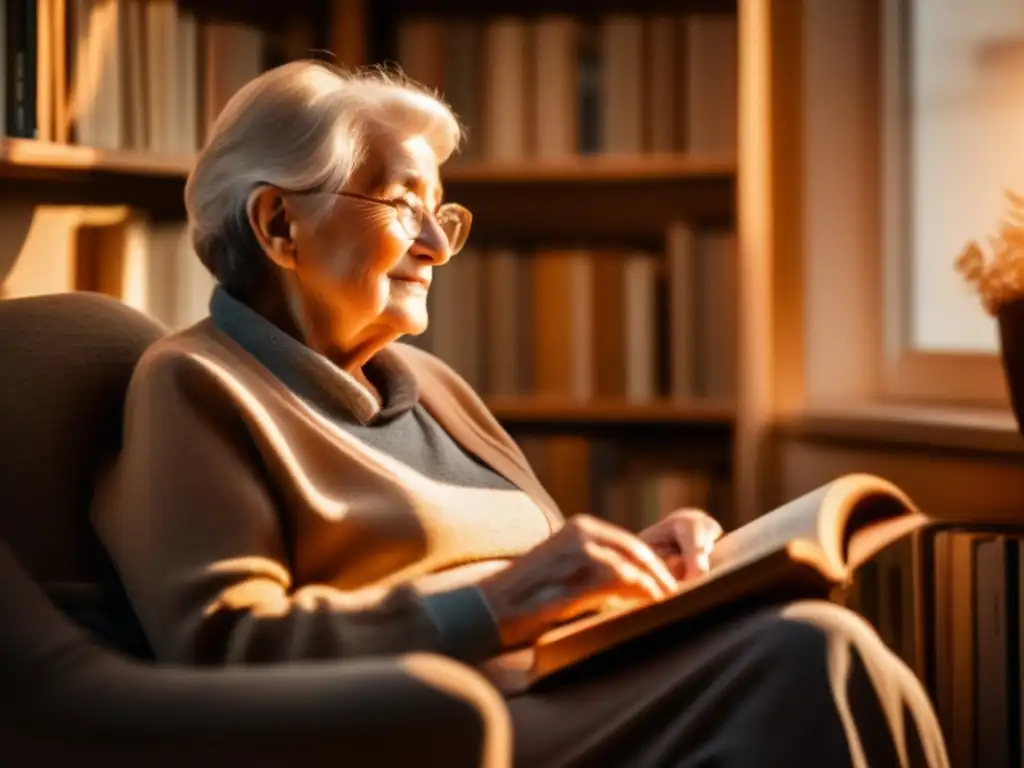 Sabiduría y bienestar: Leyendo en una silla cómoda Persona mayor en una silla rodeada de libros sobre salud mental y bienestar