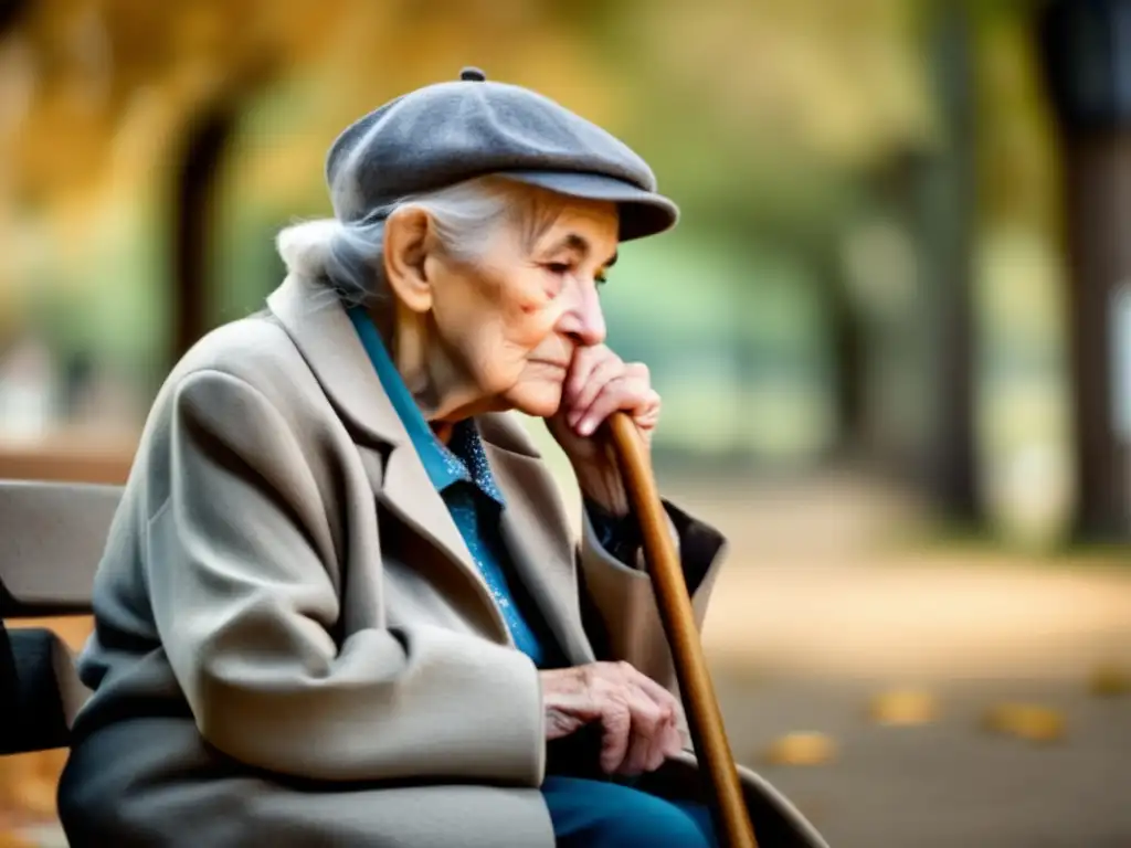 Soledad y sabiduría en un banco de parque Persona mayor solitaria en banco del parque, reflejando vulnerabilidad y discriminación por edad en cuidado a largo plazo
