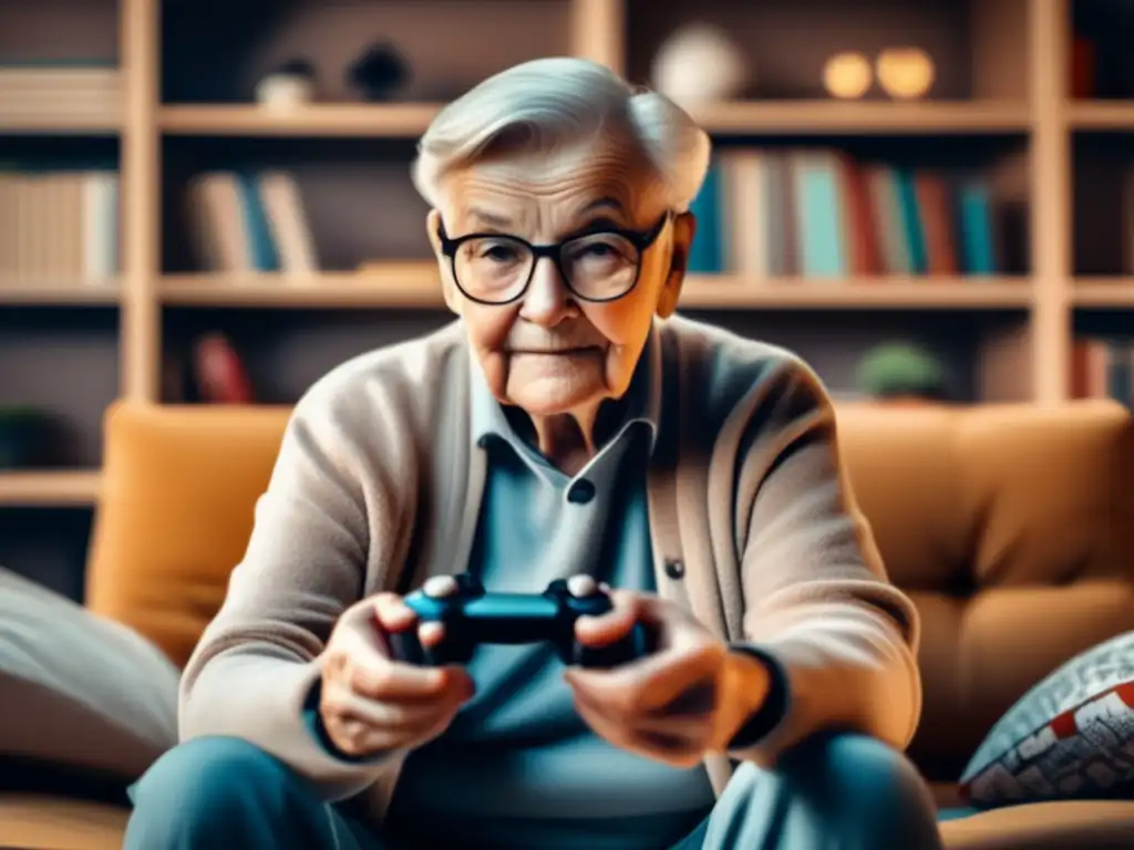 Persona mayor disfrutando videojuegos en una acogedora sala, rodeado de juegos de mesa y consolas
