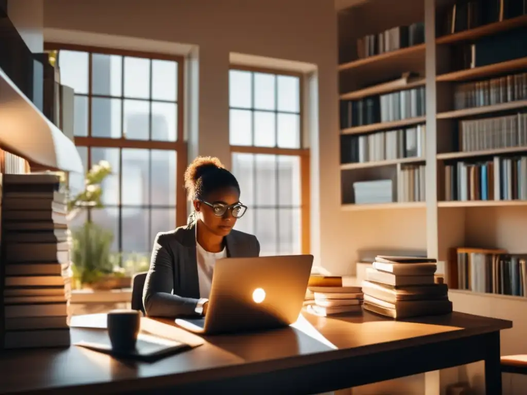 Planificación de retiro con determinación Persona planeando jubilación rodeada de libros y computadora - Planificación de jubilación integral