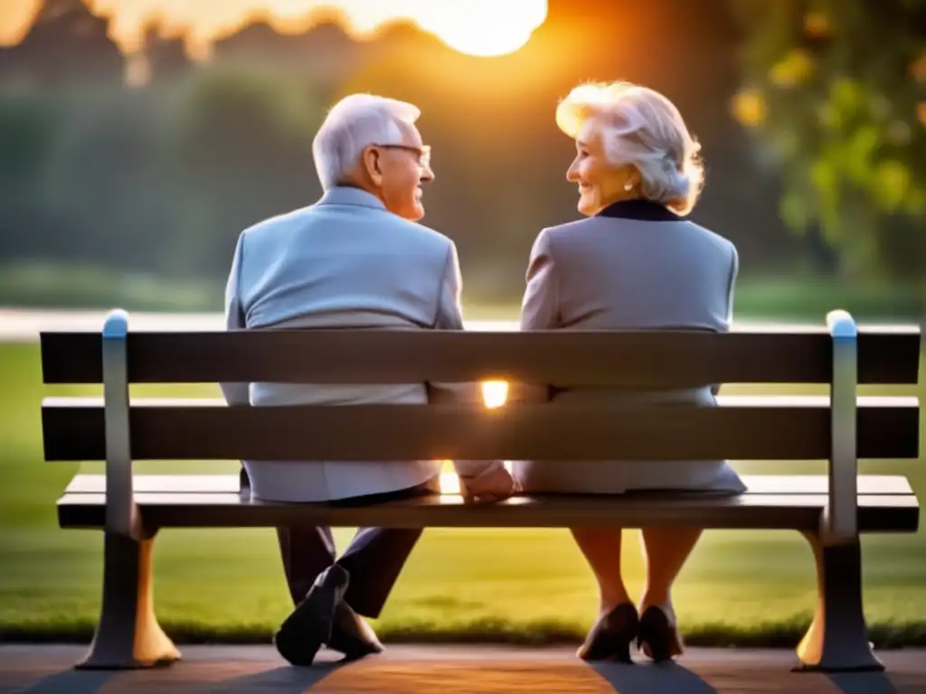 Pareja mayor disfrutando de la jubilación Jubilación personalizada en la puesta de sol, pareja de ancianos felices en banco del parque