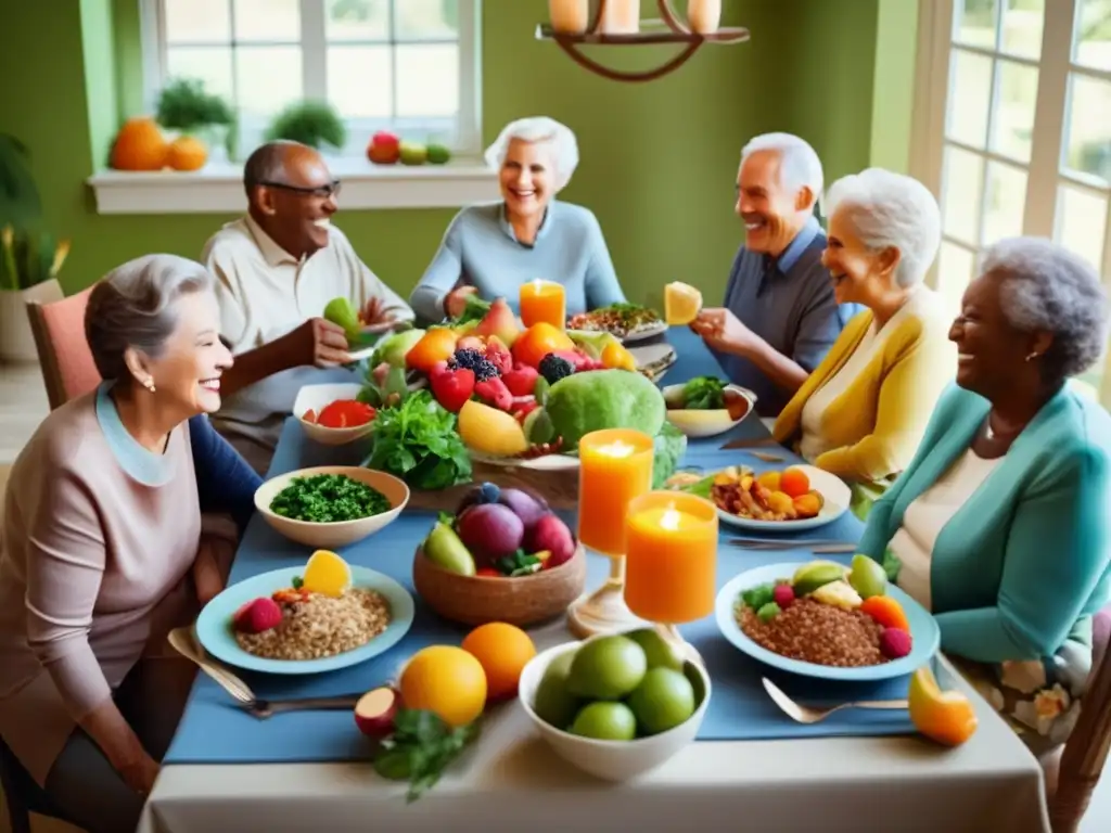 Comunidad y alimentación saludable en la tercera edad Personas mayores disfrutan de una comida saludable y social en programa de alimentación comunitaria en la jubilación