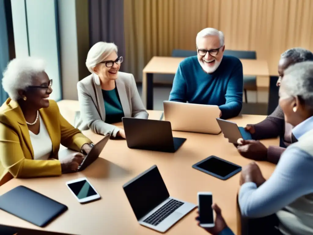Personas mayores en discusión colaborativa con tecnología, evocando sabiduría y beneficios de la economía colaborativa en la jubilación