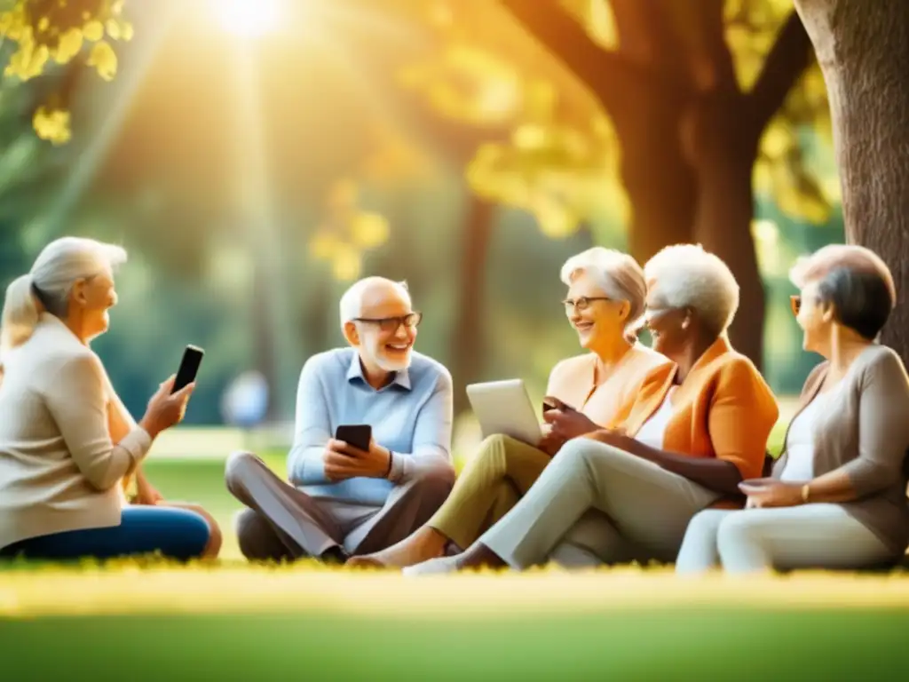 Conexión y comunidad en la jubilación Personas mayores en parque, conectadas en comunidad de redes sociales para jubilación