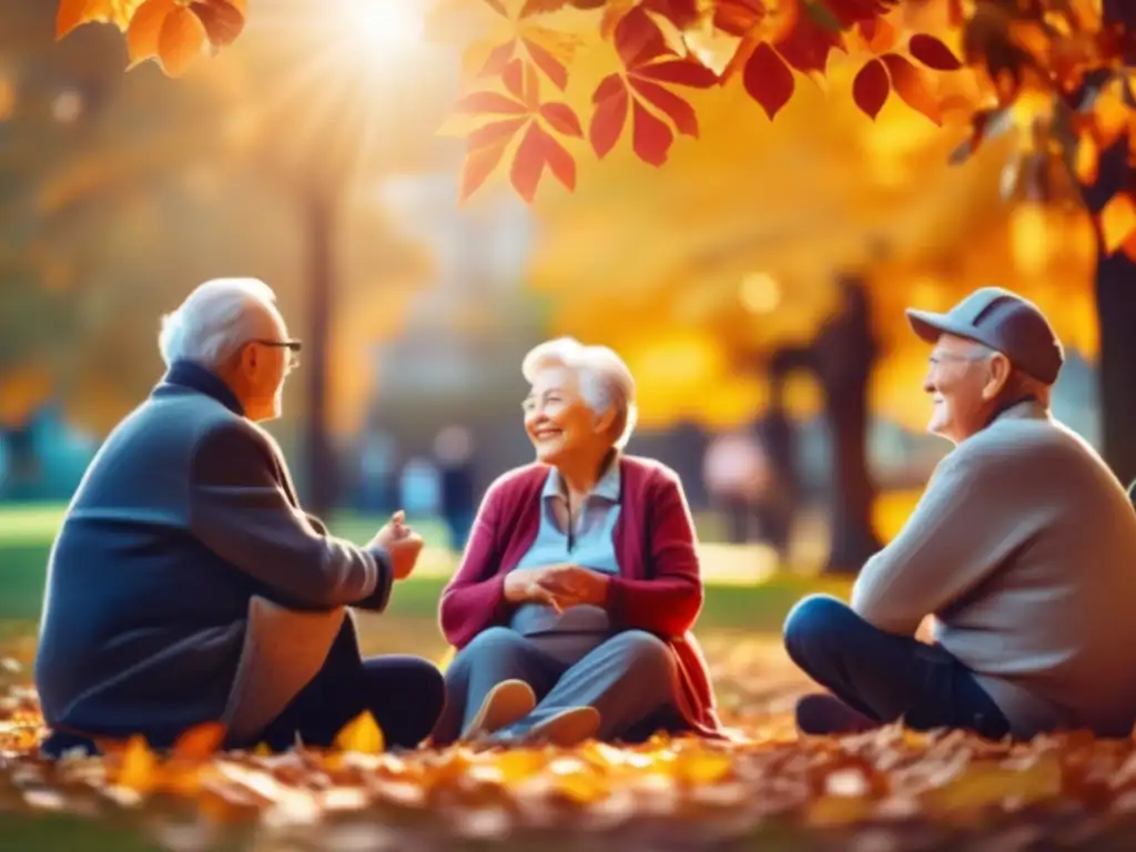 Conversación en el parque: comunidad y conexión Personas mayores en un parque, conversando y rodeadas de hojas otoñales