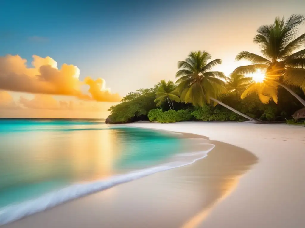 Paraíso caribeño al atardecer Jubilación en el Caribe: Una playa pintoresca al atardecer con aguas turquesa y arena blanca, rodeada de palmeras y arrecifes vibrantes