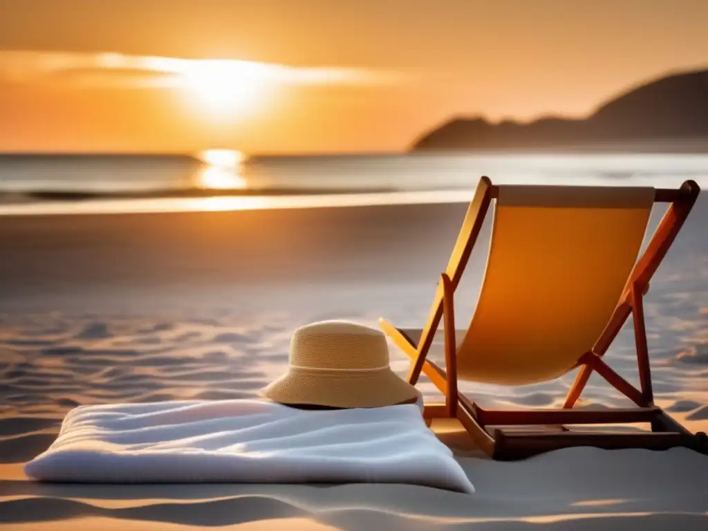 Retiro sereno con comunidad y planificación Playa serena al atardecer, con rayos dorados, silla y mesa con elementos de relax y planificación de jubilación integral