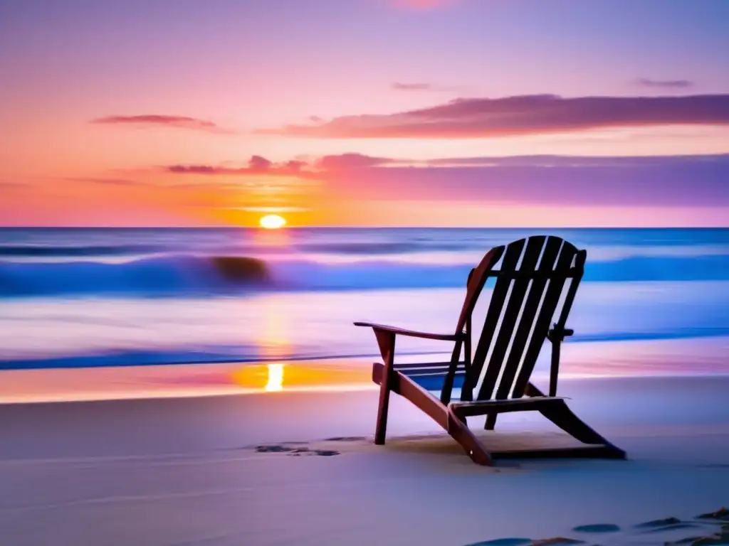 Playa serena al amanecer con silla de playa solitaria Playa al amanecer: Planificación de jubilación integral