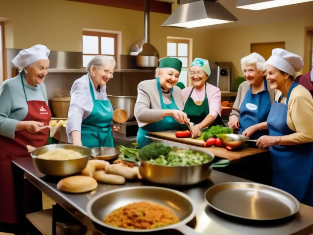 Cocina comunitaria de jubilados Programas alimentación comunitaria jubilación - Imagen de personas jubiladas en una cocina comunitaria, preparando comida con amor y camaradería