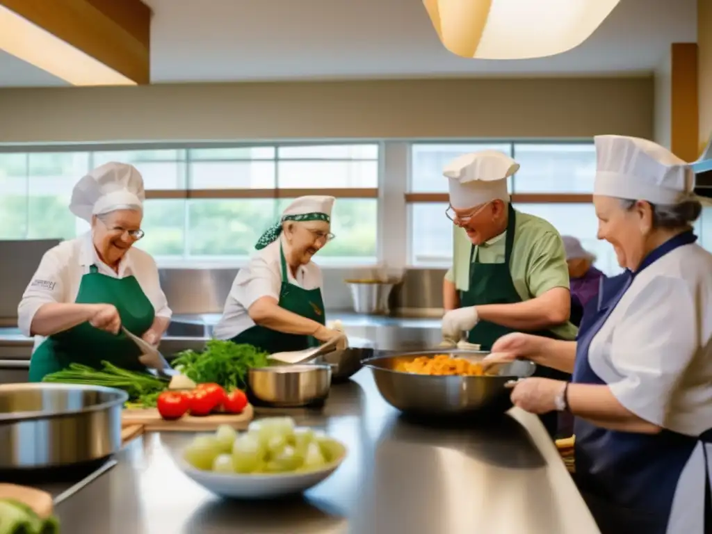 Cocina comunitaria llena de jubilados preparando comidas Programas alimentación comunitaria jubilación: Retirados en cocina comunitaria preparando alimentos con camaradería y propósito
