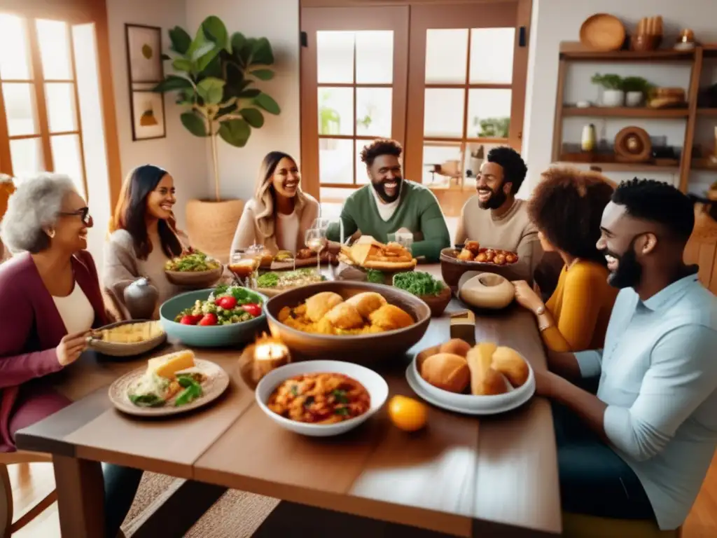 Reunión cálida y familiar en sala acogedora Planificación de jubilación enriqueciendo redes sociales: Una sala de estar acogedora en sepia, con una mesa de madera grande en el centro