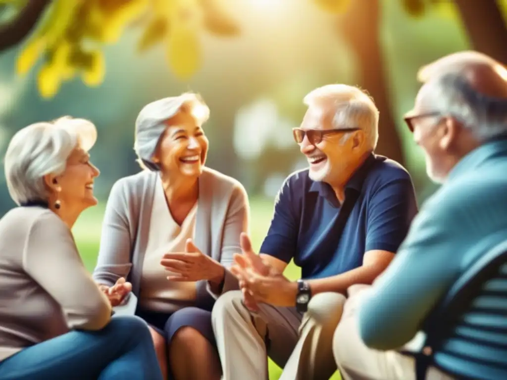 Conversación animada entre jubilados Group of retirees enjoying social connections in a park - Planificación de jubilación enriqueciendo redes sociales