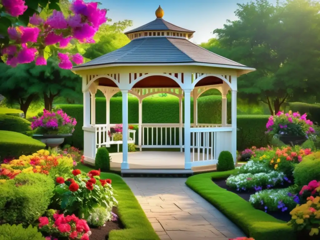 Retiro tranquilo con ingreso seguro Renta vitalicia segura para jubilación: imagen de jardín sereno con gazebo y lago al atardecer