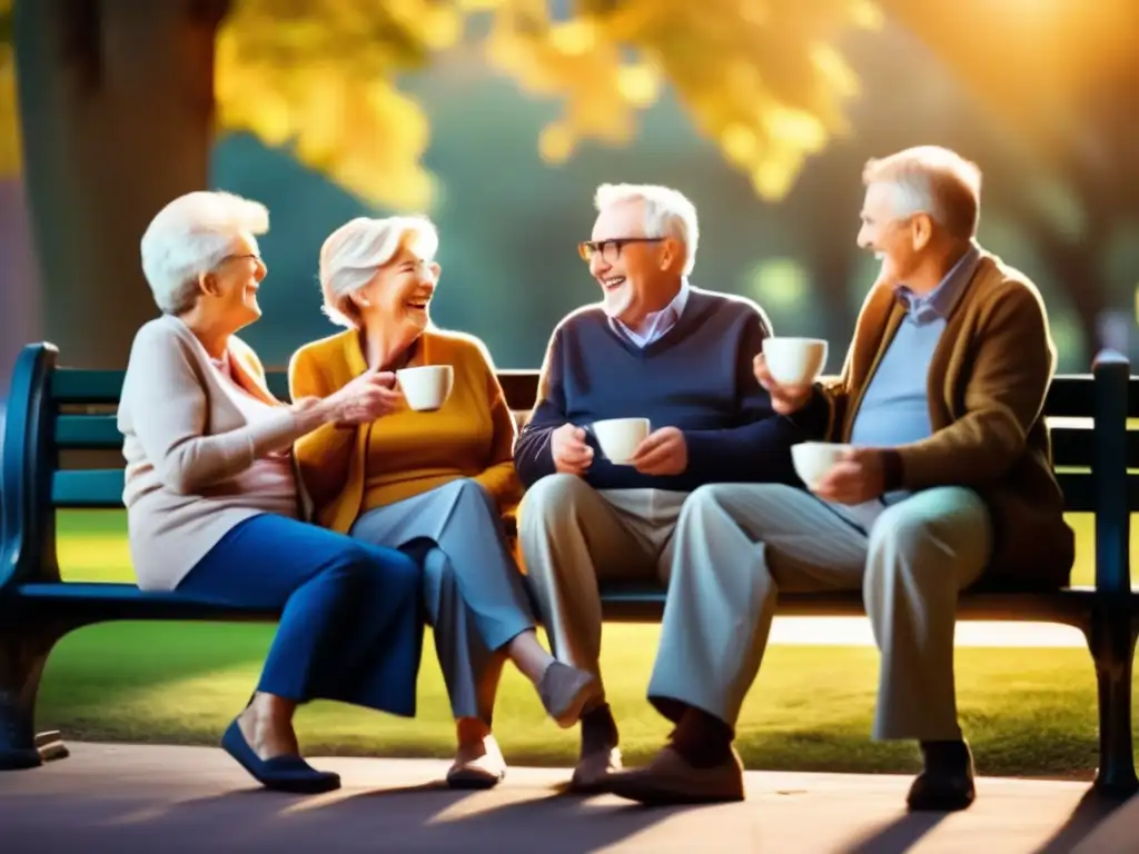 Retiro feliz: Conversación, risas y camaradería Retirados disfrutan de conversación y risas en un banco del parque - Organización de eventos en jubilación