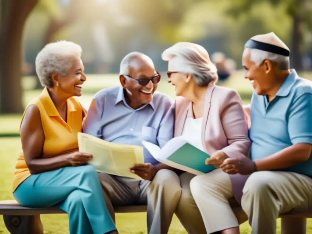 Jubilados disfrutando del parque y reflexionando Retirees in park enjoying sunny day, financial planning documents, gig economy, reflection and wisdom