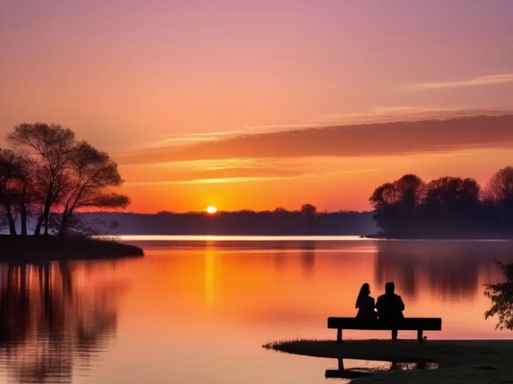 Serenidad del atardecer sobre lago Retiro dorado: pareja disfrutando de la tranquilidad y la belleza de un atardecer en un lago - Planificación jubilación ingresos pasivos