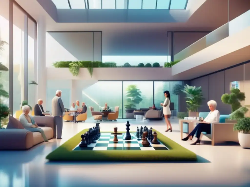 Futuro hogar de retiro con robots asistentes Planificación de jubilación con robots: Hogar futurista para jubilados con avanzados asistentes robóticos y actividades recreativas