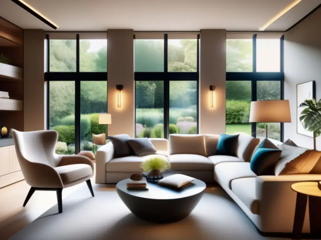 Sala de estar ergonómica con ventana al jardín Sala de estar acogedora con muebles ergonómicos y ventana al jardín (Planificación financiera jubilación ergonómica)
