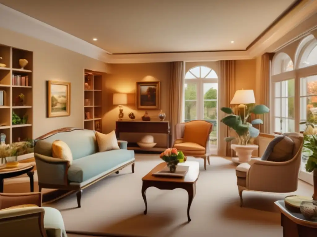Salón acogedor en residencia de retiro inspirada en el arte y la historia Sala de estar acogedora en residencia temática de arte e historia para jubilados amantes del arte