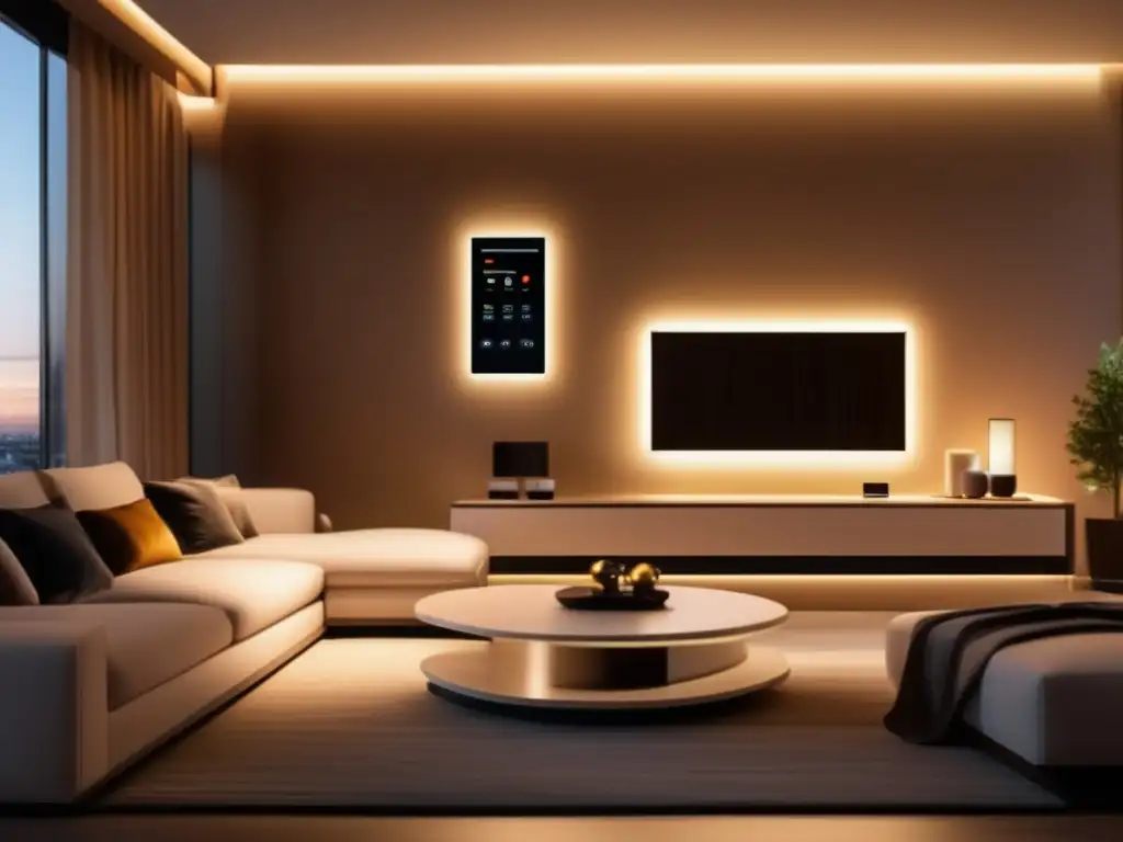 Salón moderno automatizado con tecnología domótica Sala de estar automatizada y elegante