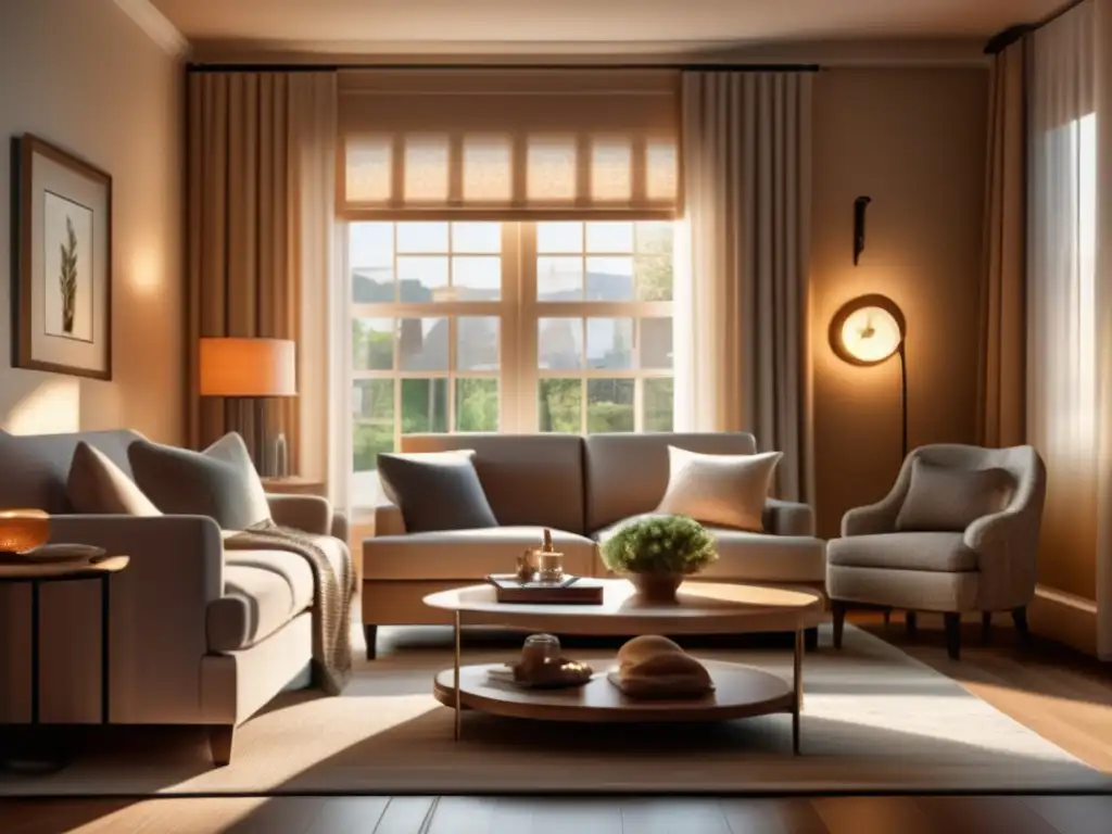 Acogedora sala de estar con luz cálida Salón acogedor en tonos sepia, con luz cálida y muebles cómodos