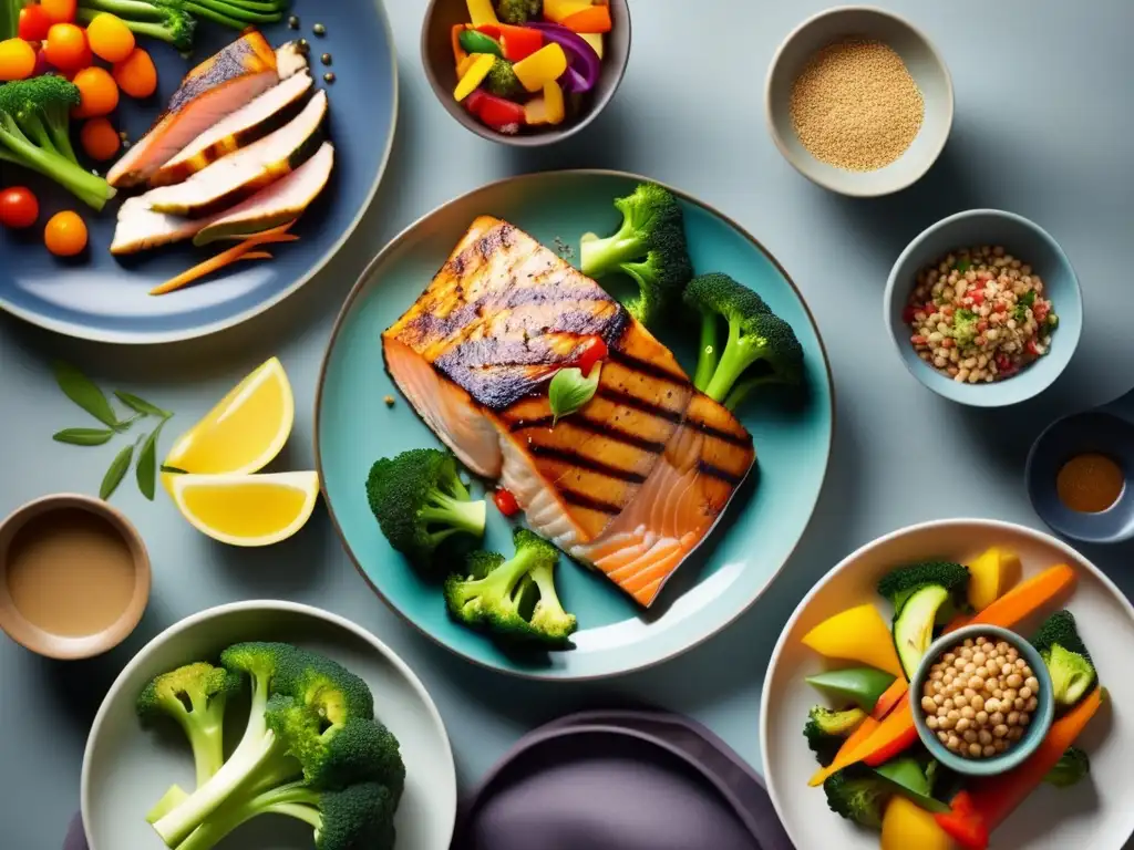 Alimentación saludable para jubilados con plato balanceado de proteínas, vegetales y granos enteros