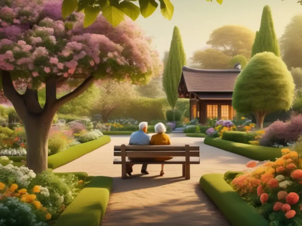 An elderly couple enjoying a serene and idyllic retirement scene - Terapias Alternativas para Jubilación Saludable