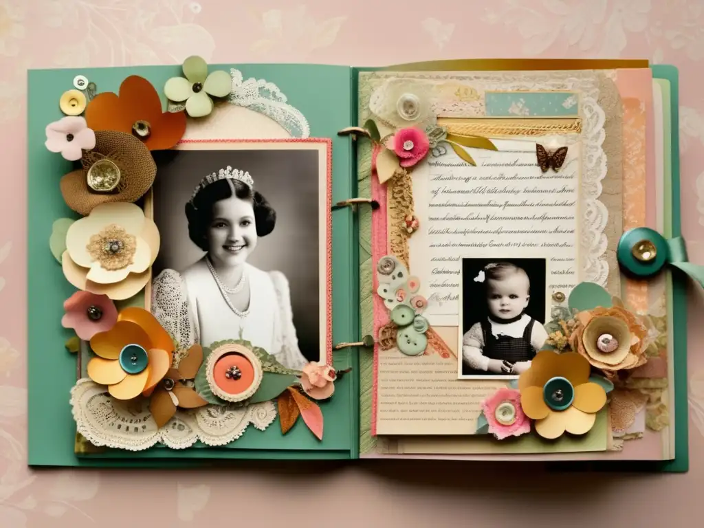 Scrapbook vintage con recuerdos y detalles meticulosos Scrapbook con fotos, papeles, encajes y notas