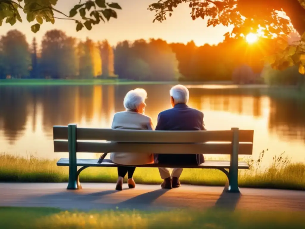 Seguros de cuidados a largo plazo y planificación de jubilación integral: Pareja de ancianos sonrientes en un banco de parque, disfrutando de la serenidad de un lago rodeado de árboles al atardecer