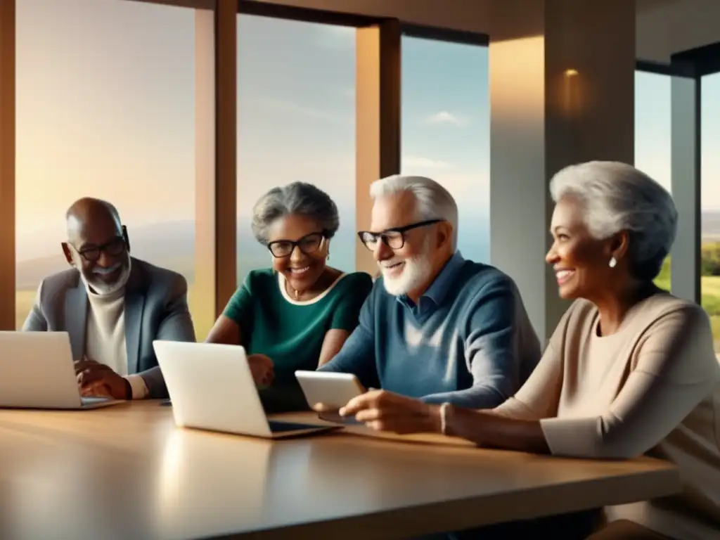 Seniors seguros realizando operaciones bancarias online Protección ahorros jubilación: seguros online para adultos mayores
