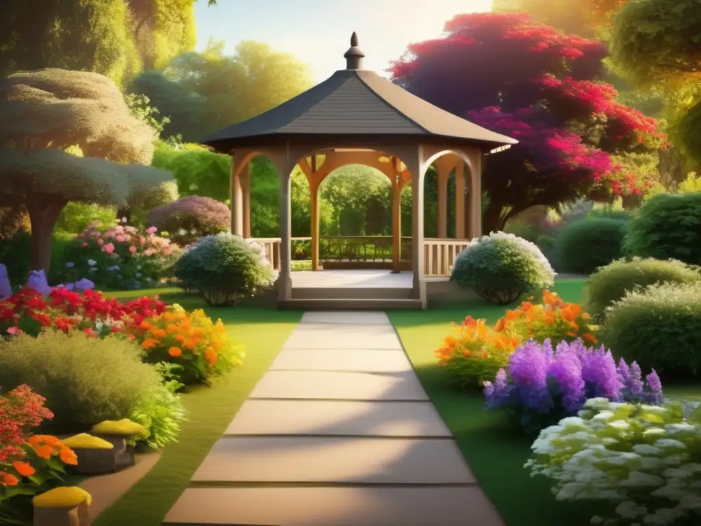 Jardín sereno con camino de piedra y gazebo Jardín sereno con camino de piedra y gazebo rodeado de flores vibrantes y vegetación exuberante