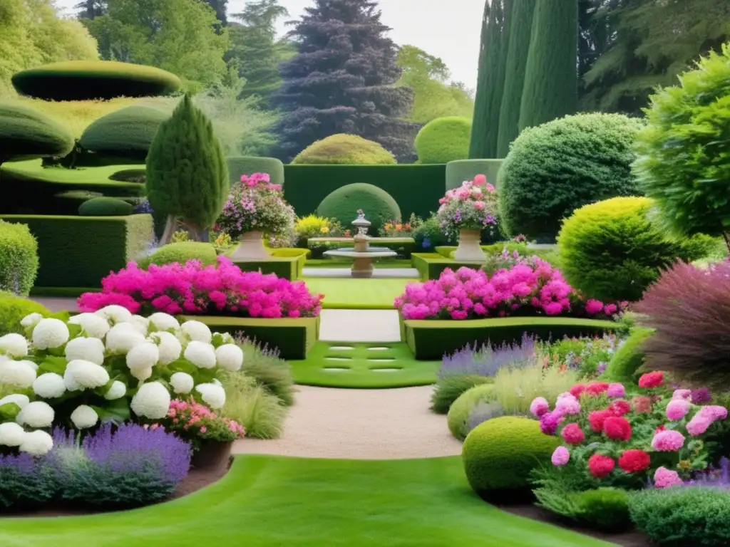 Jardín sereno y tranquilo Jardín sereno con flores en tonos rosa, púrpura y blanco rodeado de naturaleza, un sendero de piedra y un banco de madera