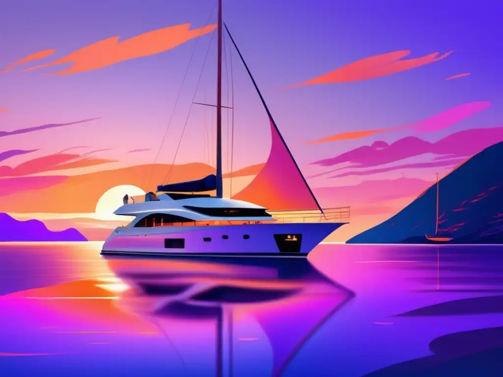 Anochecer sereno en el mar con yate, jubilados disfrutando, colores cálidos y filtro sepia