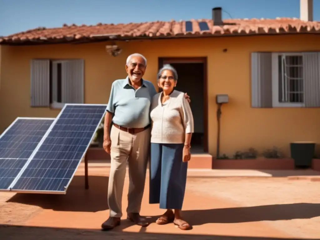Pareja feliz con paneles solares Soluciones de energía renovable para una pareja de jubilados orgullosos de su casa con paneles solares