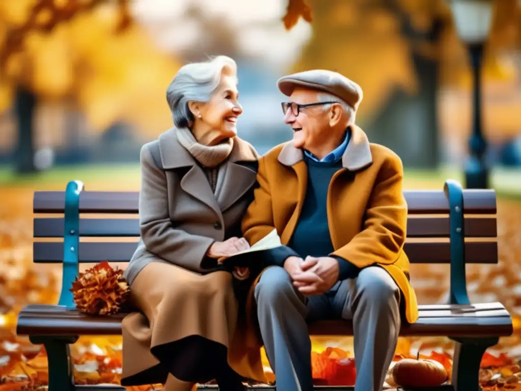 Pareja en el parque, protegiendo ahorros Tácticas protección ahorros jubilación inflación: Pareja de ancianos en el parque, atardecer vibrante, sepia