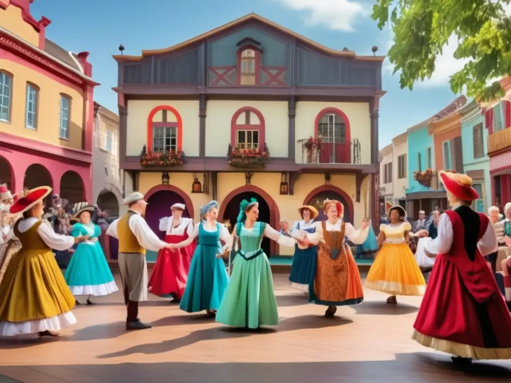 Teatro comunitario en acción Teatro comunitario vibrante en plaza histórica con diverso elenco y público jubilado