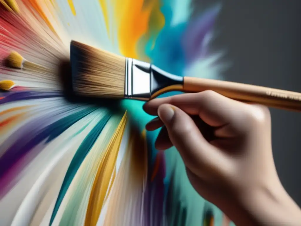 Mano del artista aplicando pinceladas vibrantes Técnicas de pintura y dibujo para principiantes: Artista aplicando delicadas pinceladas de colores vibrantes sobre un lienzo, con detalle y textura