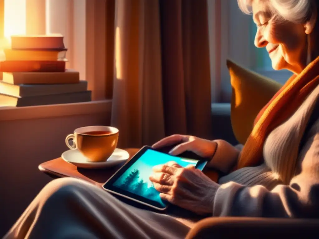 Persona mayor disfrutando del arte digital Tecnología para hobbies en la jubilación: persona mayor disfrutando de arte digital en un acogedor ambiente con libros, té y luz suave